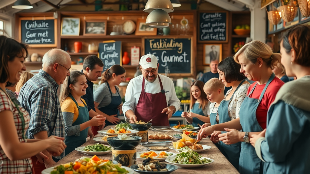 Culinary workshop at artisan gourmet market with chef and engaged participants
