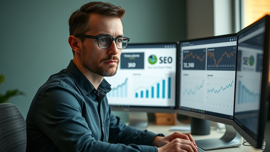 motivated small business owner reviewing website SEO analytics, search engine optimization for small businesses