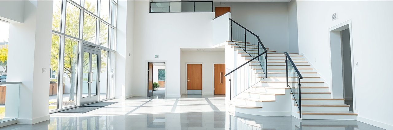 Modern entryway and staircase in freshly painted commercial building, commercial painting services