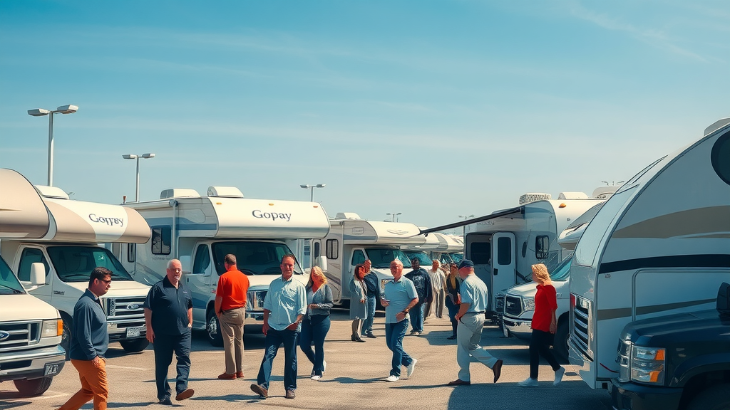 Professional RV dealership lot vibrant with customers and salespeople under a sunny blue sky during dealer collaboration event