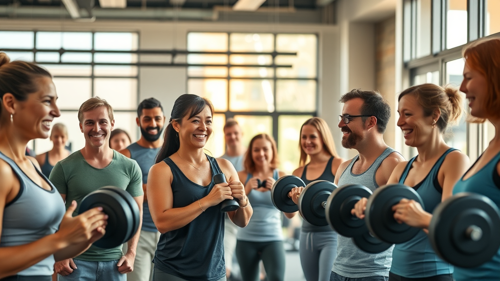 Diverse group supporting each other at the gym with natural sunlight, gym results
