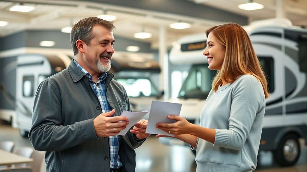 Couple negotiating an RV purchase with a dealer in a bright showroom