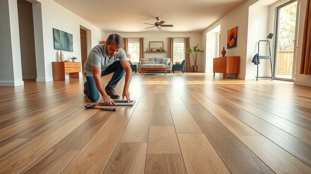Professional installing new hardwood flooring in a modern stylish home
