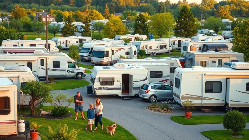Busy RV park with full lots, happy families socializing near RVs, lush greenery, in a welcoming environment