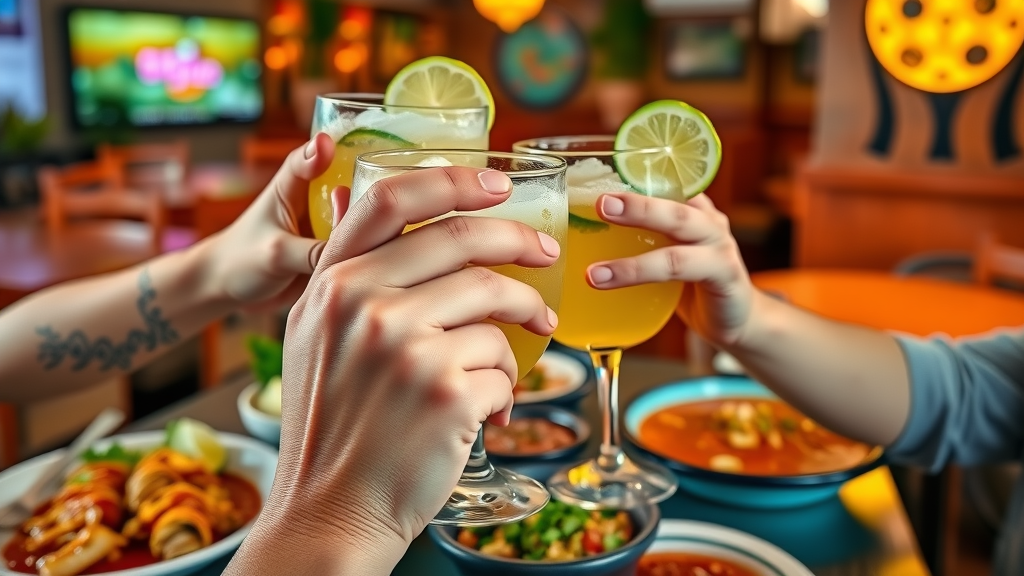 hands toasting margaritas at best mexican restaurant in irving texas, plates of enchiladas and salsa visible, festive and colorful