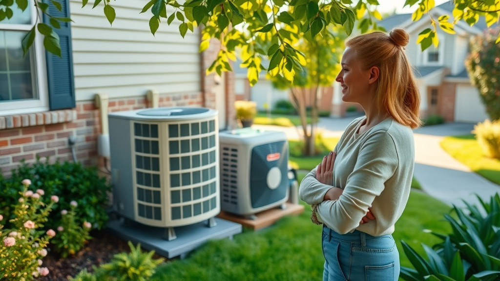 Homeowner overseeing AC installation repair on outdoor unit in suburban yard