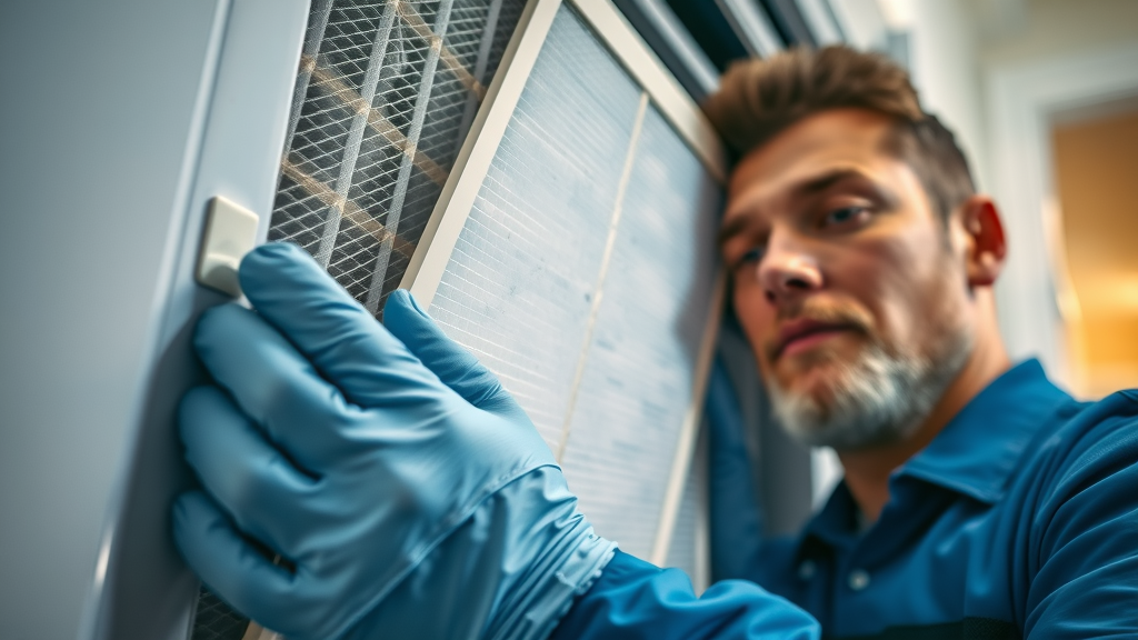 Technician replacing air filter as part of essential HVAC maintenance tips