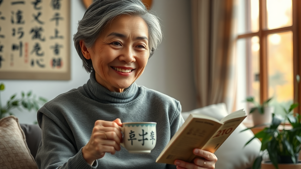 Middle-aged woman sharing success story with chinese herbal tea, exemplifying the impact of chinese medicine on hormonal wellness.