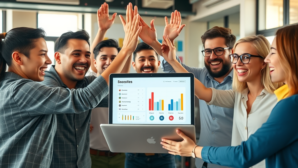 Marketing team celebrating positive online review charts and strong brand reputation online