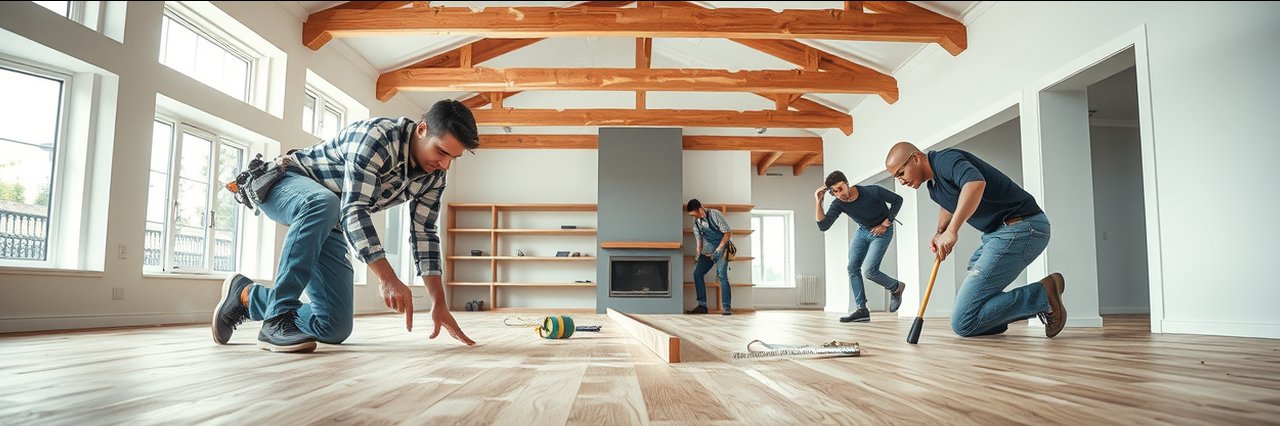 Remodeling and building scene with workers installing hardwood flooring in a modern home.