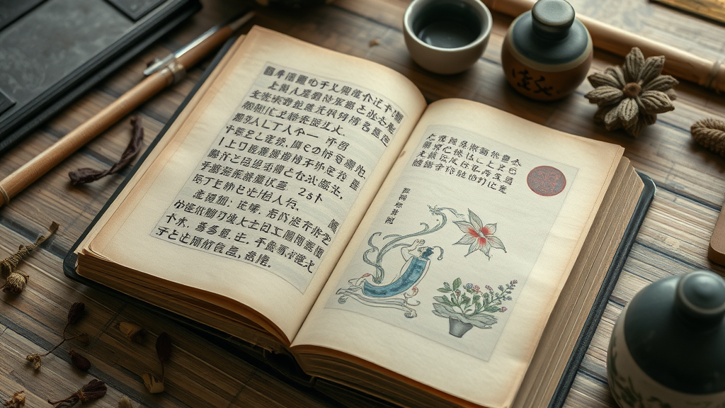 Antique Chinese medical text with botanical illustrations and herb samples, reflecting the long history of chinese herbal medicine for hormone balance.