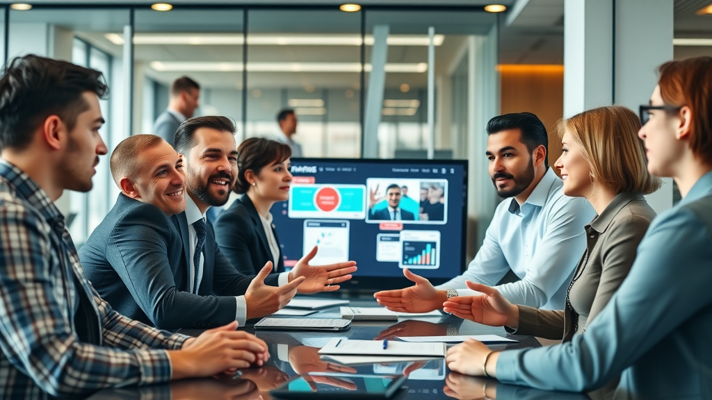 vibrant business meeting professionals discussing digital marketing collaboration conference room digital screens