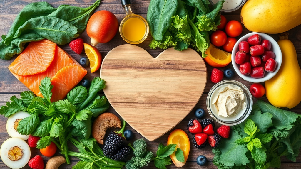 vibrant assortment of heart attack diabetes superfoods including leafy greens, salmon, olive oil, and berries displayed with fresh ingredients