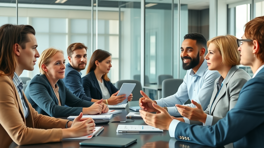 diverse professionals discussing online reputation management strategies in a modern, high-tech conference room