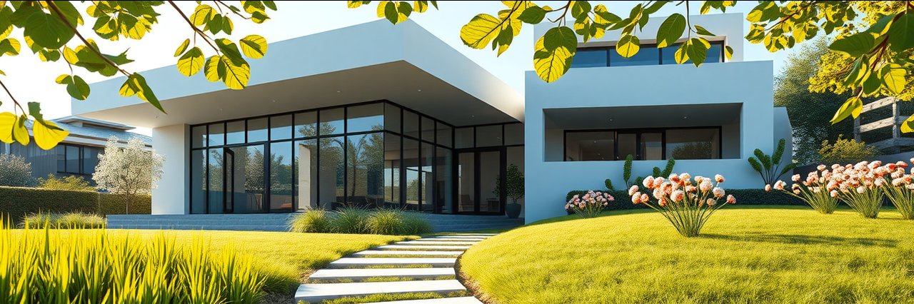 Modern luxurious real estate exterior with lush garden and sunlight.