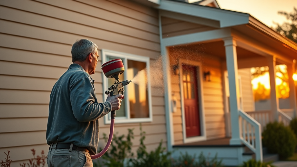 Expert residential house painting on home exterior with spray equipment