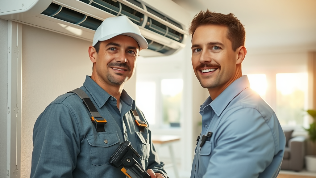 Air conditioner repair and service technician fixing AC in modern home interior