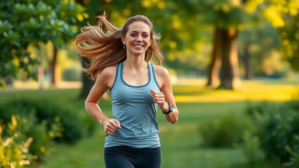 Natural hormone regulation and hormonal health - woman jogging in leafy park for energy and mood
