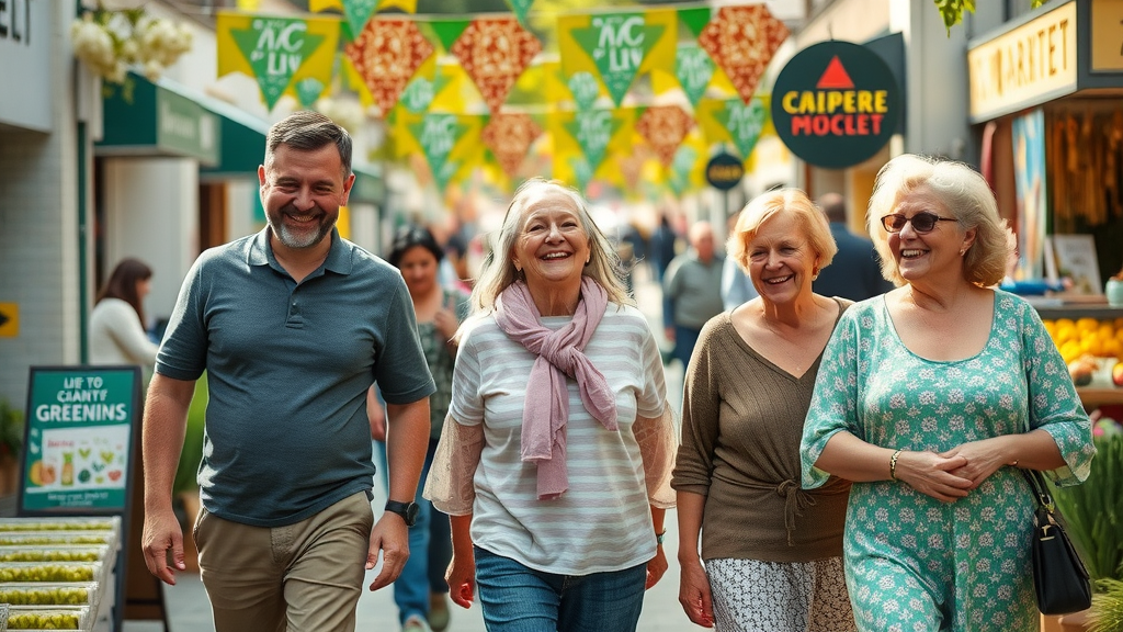 Hopeful future vision of Monmouthshire first to market: cross-generational community engaging in green innovation at lively historic town market under vibrant banners.