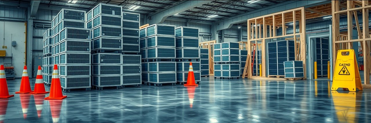 Industrial workspace with AC installation repair materials and safety cones