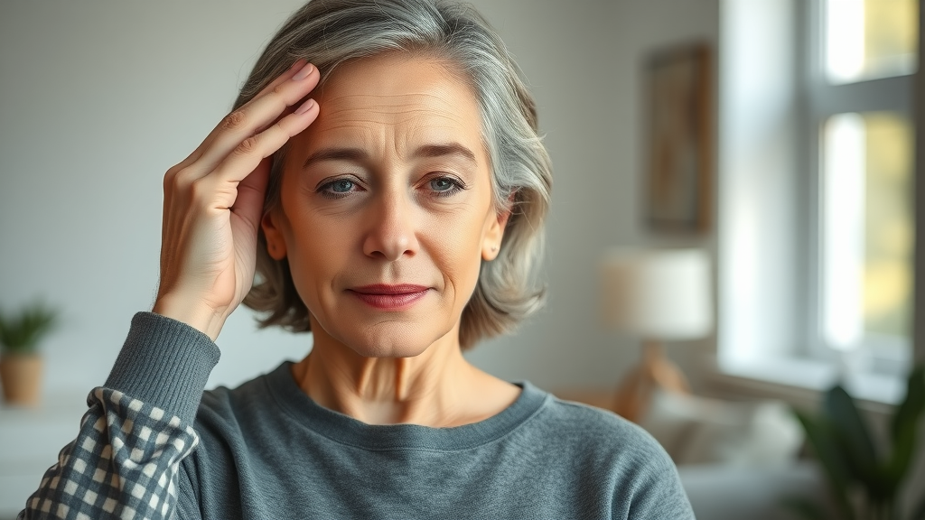Middle-aged woman experiencing hot flash, menopause symptoms, hormone changes, photorealistic