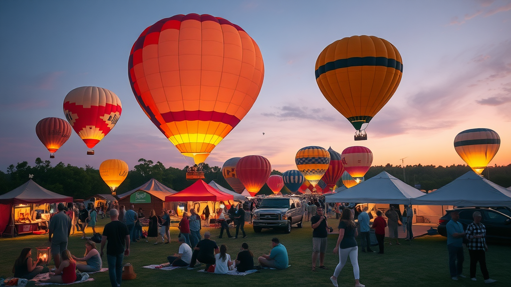 Glowing hot air balloons at NWA festival with crowds on picnic blankets.