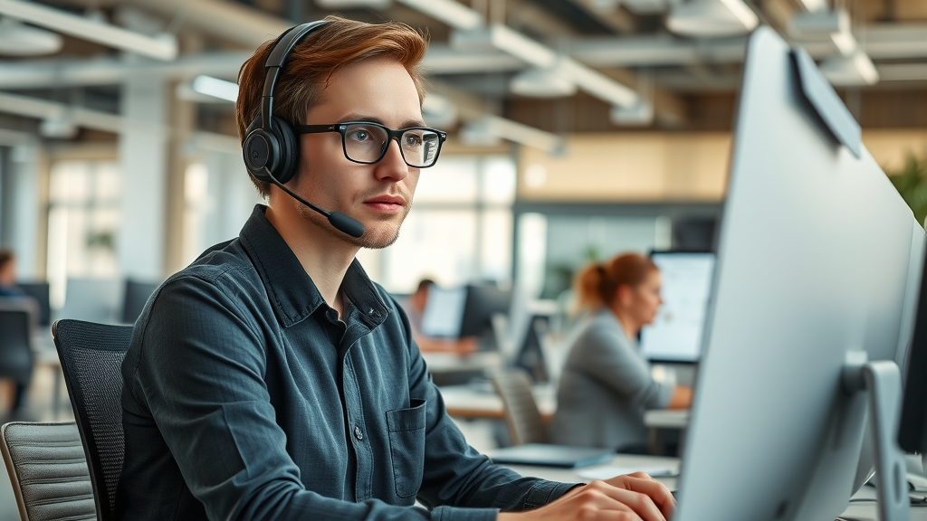 empathetic customer service agent replying to online review in a modern workspace