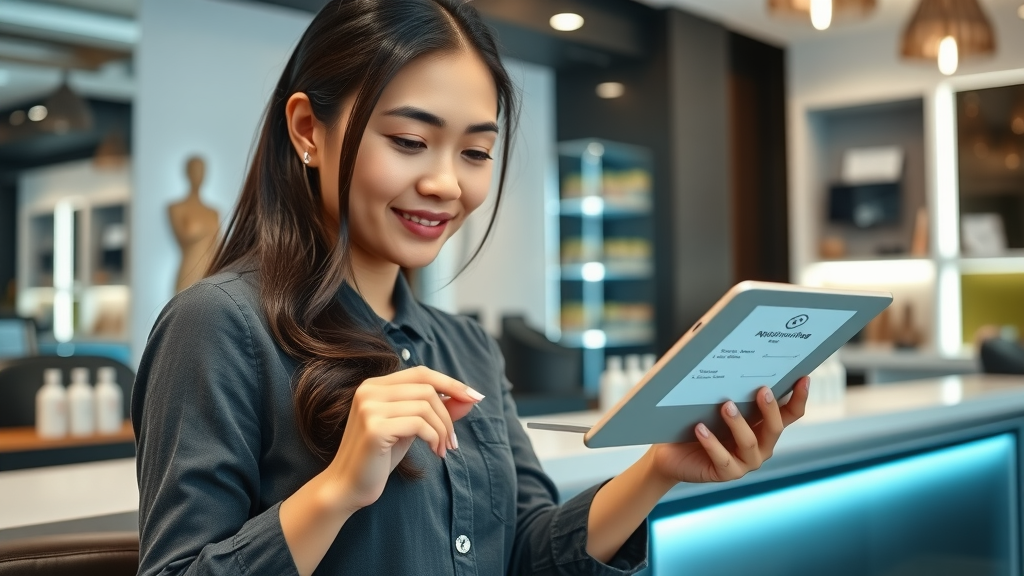 Secure digital booking system at Olongapo hair salon with visible privacy settings and Filipino woman booking appointment