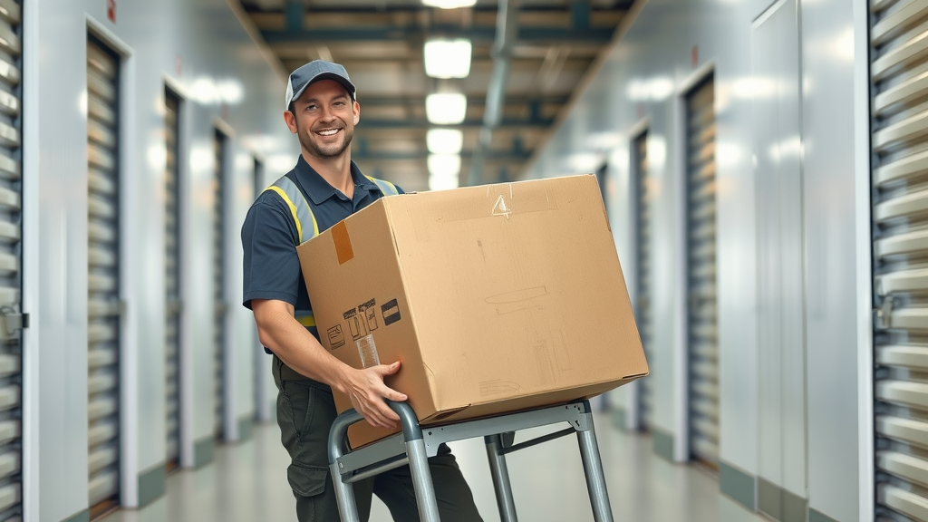 local moving company storage unit mover carries boxes modern facility moving day