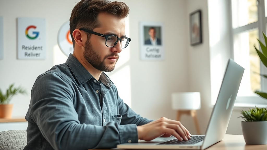 google business profile - professional business owner updates online business profile on laptop, branding elements