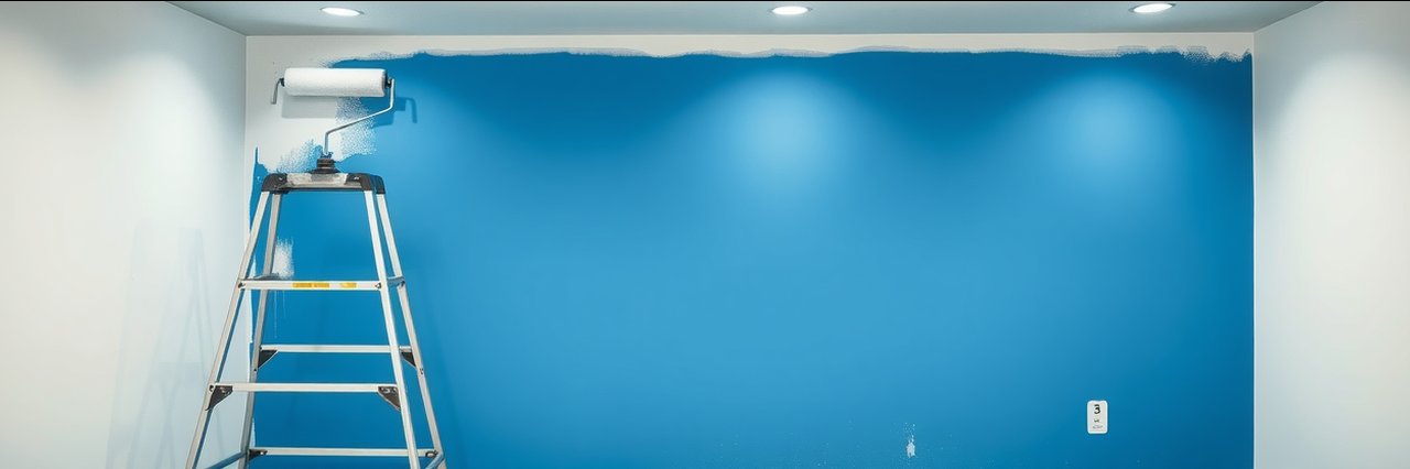 Basement wall restoration with fresh paint, ladder, and visible company logo.