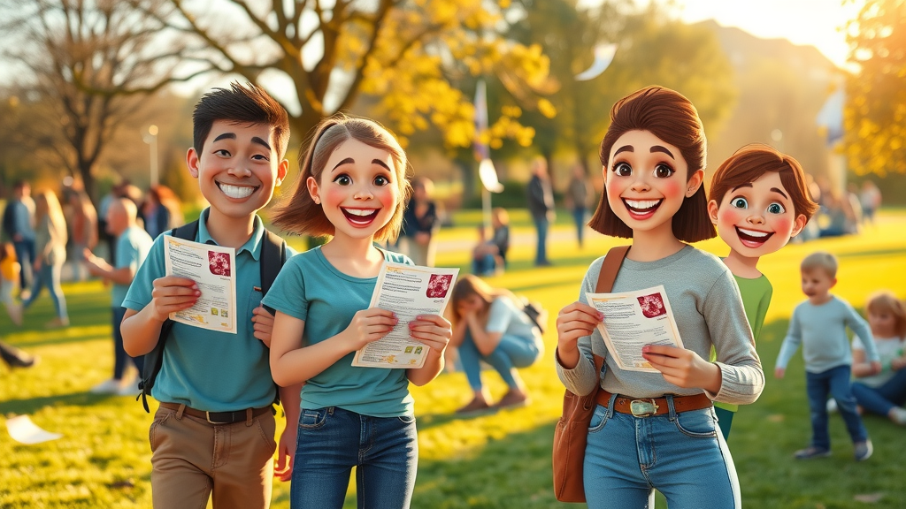 friendly community volunteers distributing informational leaflets in Monmouthshire park, 2D cartoon, families present, vivid colors, golden hour, monmouthshiremedia.com first to market
