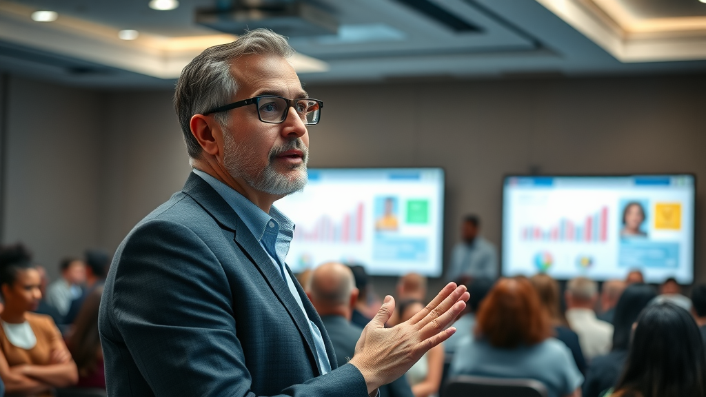 Visionary nonprofit leader presenting digital communication strategies to a diverse audience with charts and digital screens in a conference room.