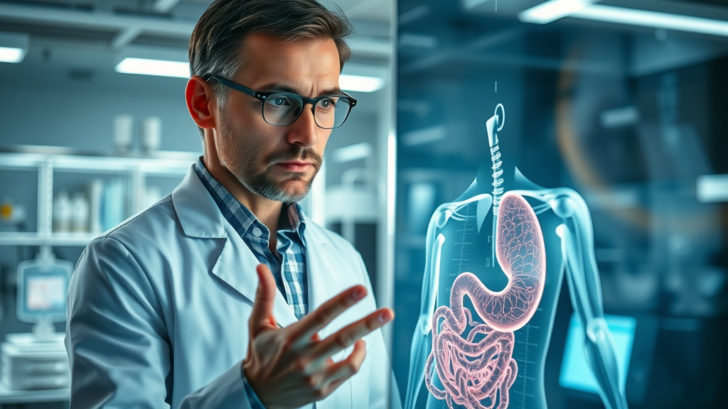 scientist examining digital model of human gut, highlighting the microbiome clusters