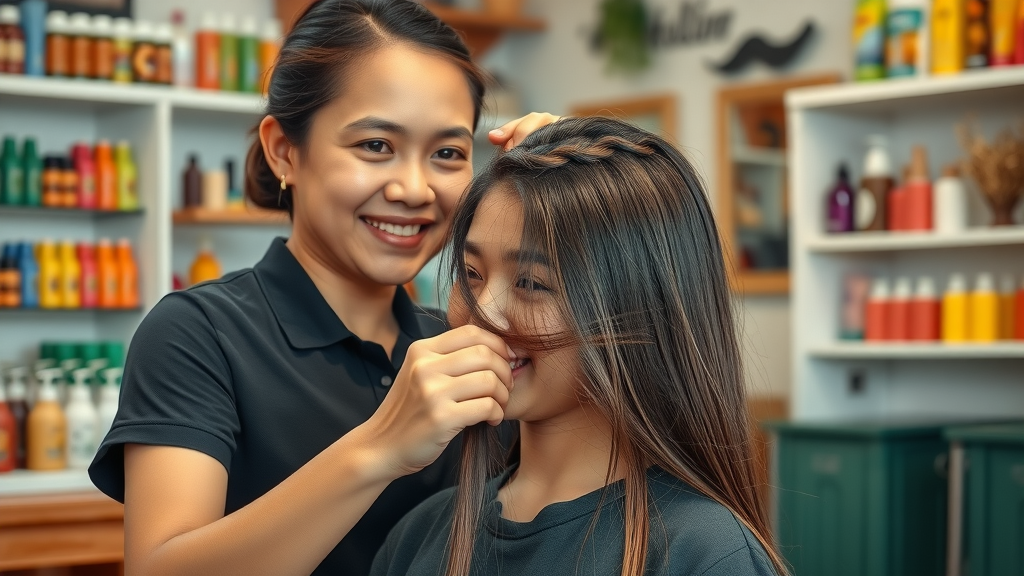Vibrant local hair salon in Orlongapo, smiling Filipino hairstylist, gently braiding a young woman