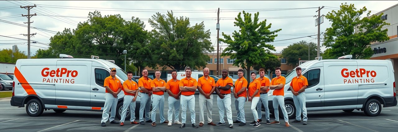 Professional painting team in orange shirts in front of commercial painting trucks