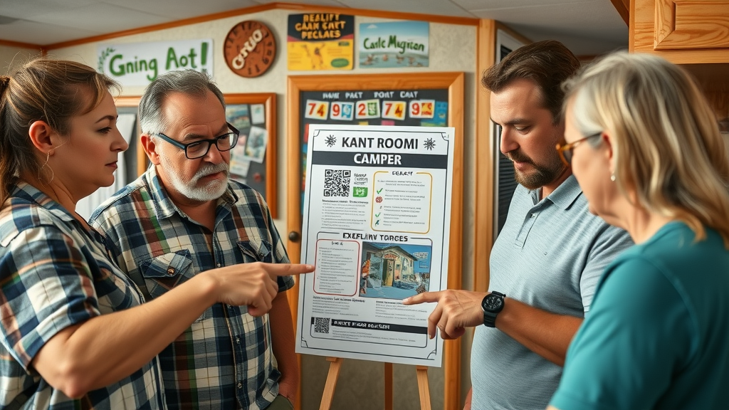 Engaged RV campers scanning QR poster with curious expressions in game room environment