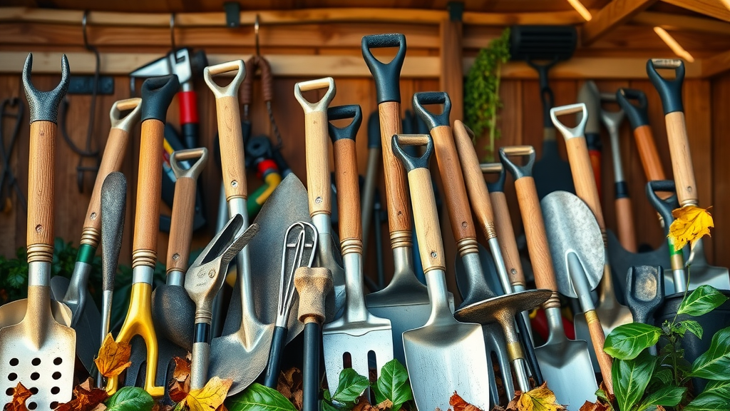 Comprehensive set of gardening tools for house and garden care, glistening under sunlight