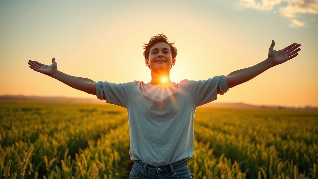 person enjoying gut health freedom in outdoor sunrise scene, microbiome wellness