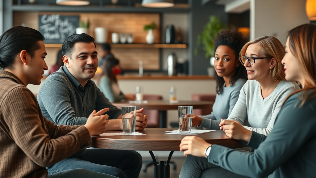 Customer feedback session, diverse customers sharing input in a modern cafe with feedback cards, highly detailed and engaging