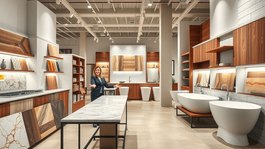 Kitchen floors &amp; baths showroom with diverse material samples on display.