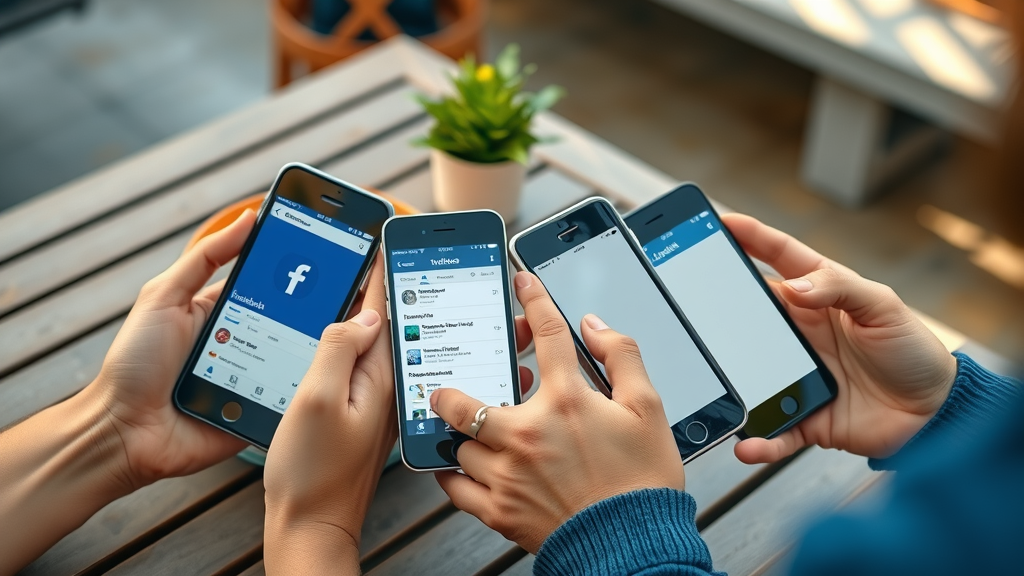 Mobile devices comparing Facebook, Twitter, and LinkedIn interfaces for social media reputation management