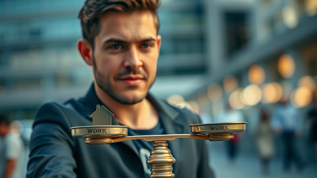 Work and life balance scale, balancing work and home icons, photorealistic city scene