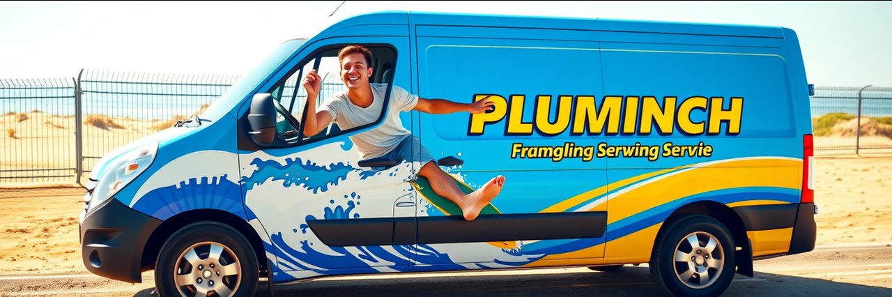 Plumbing Service Guarantees van with playful surfing graphics and coastal theme