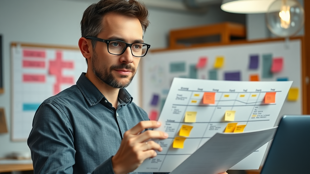 Motivated nonprofit project manager organizing a digital strategy plan with a visual timeline, sticky notes, and planning boards in a creative office.
