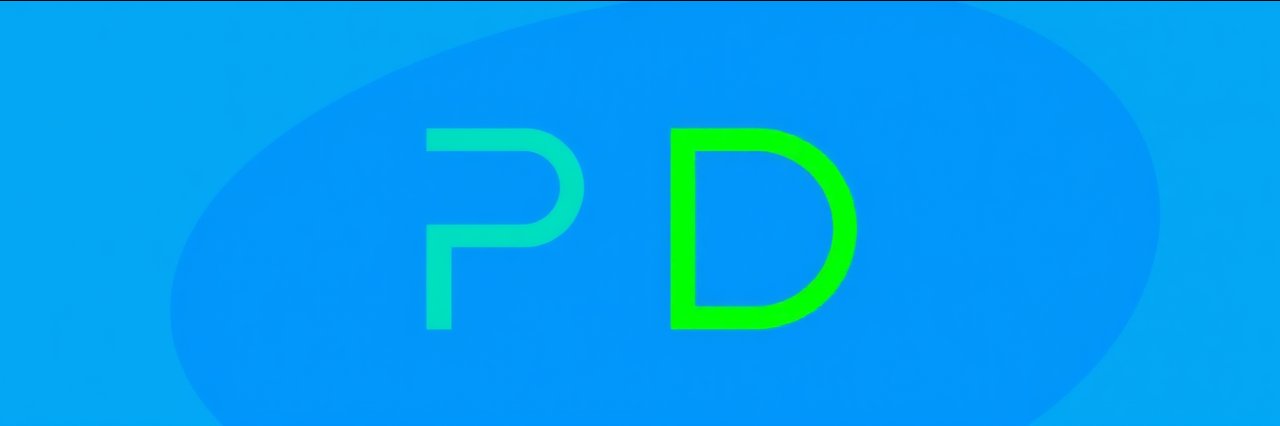 Minimalist PD dental logo with blue and green letters on blue background