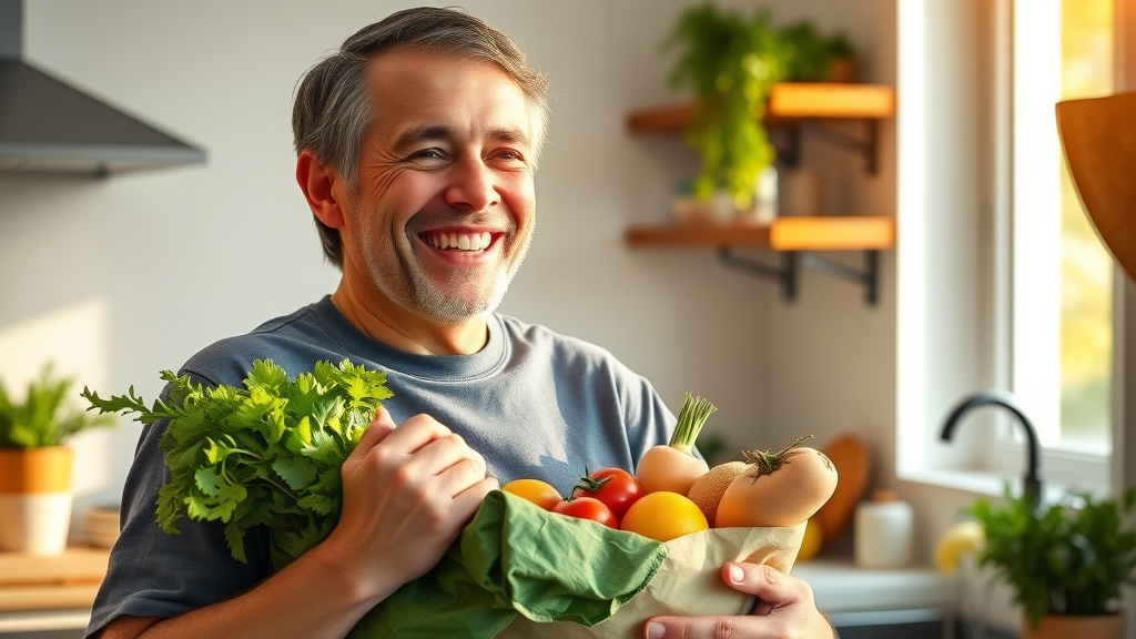 adult with gut-healthy groceries smiling in bright kitchen, real-world microbiome success story