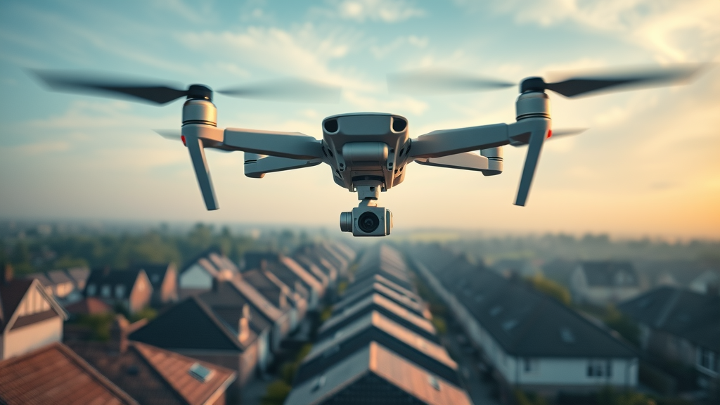 Drone surveying a Chesterfield rooftop, roofing services near Chesterfield with modern tech.
