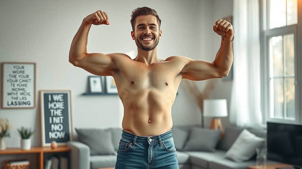 Natural hormone regulation success story - fit man holding oversized jeans after weight loss