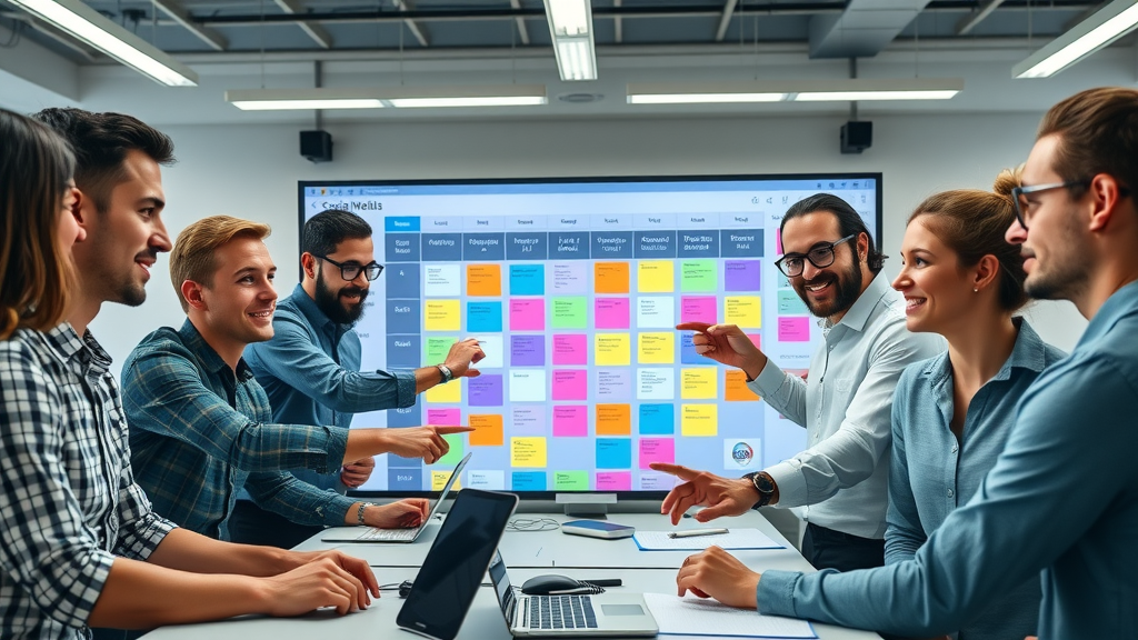 Social media marketing team building a digital content calendar, modern high-tech workspace, digital sticky notes